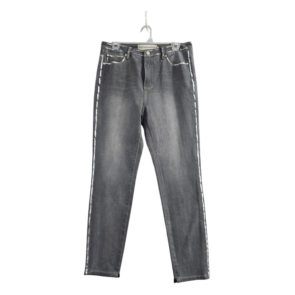 Soft Surroundings Jeans Women 10 Grey Solid Metallic Foil Side Stripe Slim Leg